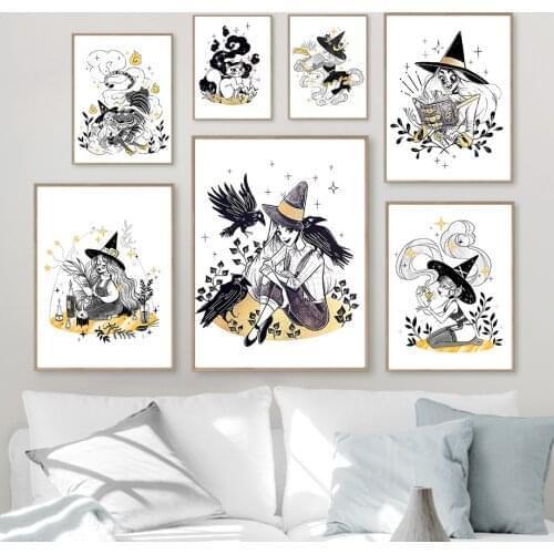 East End Magic Witch Crow Bat Cat Knight Wall Art Canvas Painting Nordic Posters And Prints Wall Pictures For Living Room Decor