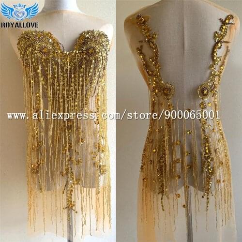 One set Luxury Gold fringe Rhinestone beaded tassel Applique On Mesh Rhinestone Crystal Bodice on Mesh Prom Dress Beaded Bodice