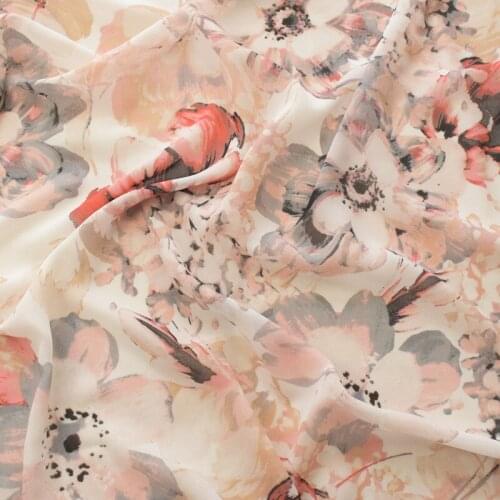 One meter Composite silk high viscosity Chiffon tissu White bottom flowers fabric Fashionable soft clothing patchwork
