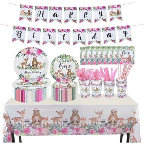 Wild One Forest Party Decoration Woodland Animals Party Bear Fox Deer Disposable Tableware Kids First 1st Birthday Party Supplie