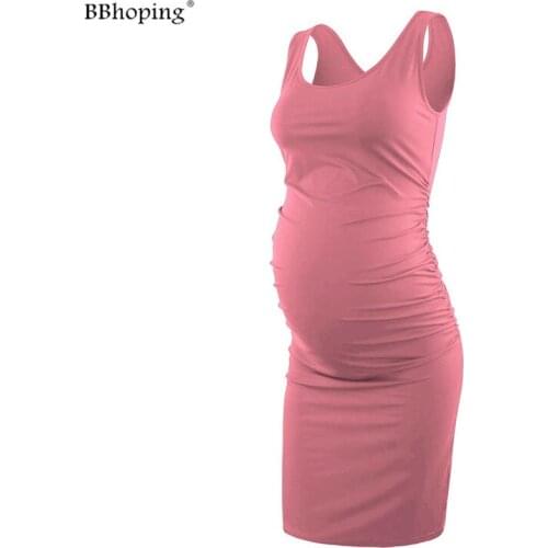 Maternity Tank Dress Side Ruched Sleeveless Mama Dress Pregnancy Baby Shower Dress Knee-length Round Neck Loose Casual Maternity