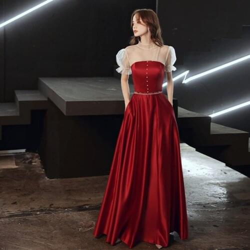 Toast Dress Bride 2020 New Temperament Burgundy Satin Wedding Evening Dress Engagement Clothing