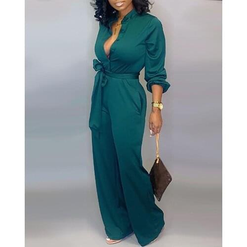 Plus Size Outfits Women Elegant Fashion Solid Buttoned Pocket Cargo Jumpsuit Casual Loose Buttoned Jumpsuits With Belt