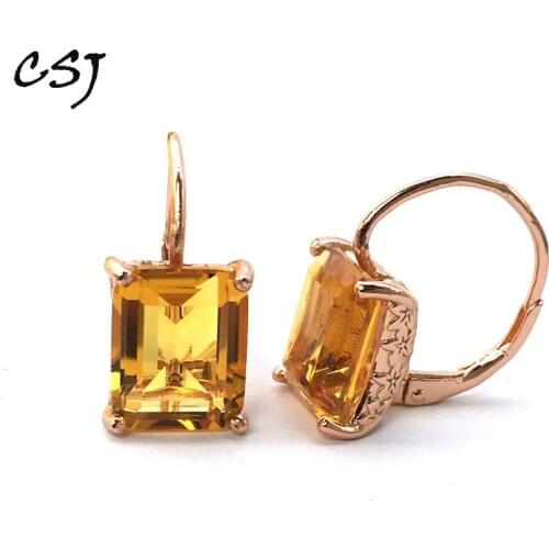 CSJ Citrine quartz gemstone Earring Sterling 925 Silver octagon 9*11mm 8Ct Fine Jewelry For Women Lady or mother Party Gift Box