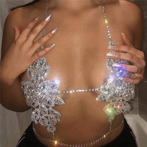 Rhinestone Flower Style Metal Chain Hollow out Crop Top Sexy Halter Diamond Top