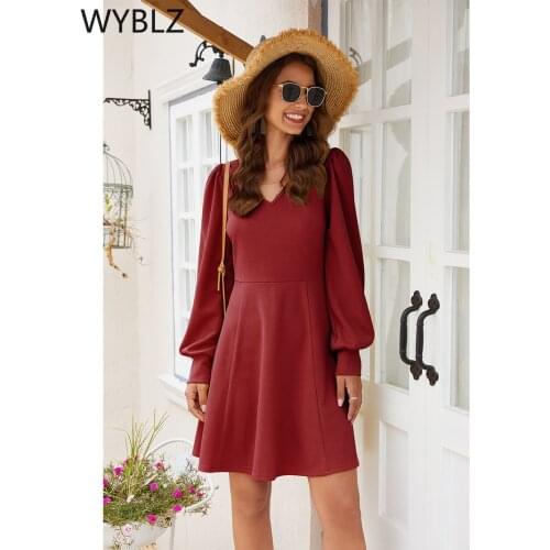 WYBLZ 2021 Spring Autumn Elegant Fashion Sexy V Neck Mini Womens Dress Casual Empire Solid Lantern Sleeve Ladies Dress Basic