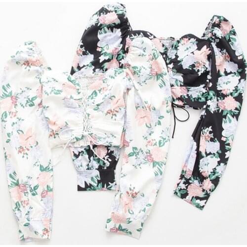 Women Retro Square Collar Stretch Slim Long Bubble Sleeve Short Crop Tops Lady Sweet Printed Blouse Shirts