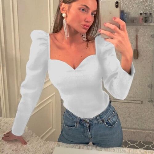 Special Offer Hot Sale Korean 2021 autumn solid color vintage new women shirts puff sleeve square sexy small V-neck Slim blouse