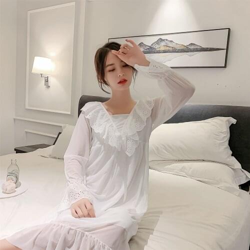 White Sweet Ruffles Trim Long Nightdress Ladies Square Collar Mesh Princess Nightgown Summer Autumn New Full Sleeve Home Dress