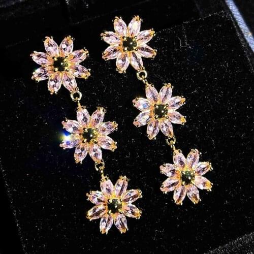 2021 Trend Flower Long Earrings Inlay Pink Crystal Zircon Sweet Charm Jewelry For Women Wedding Party Girls Birthday Gift