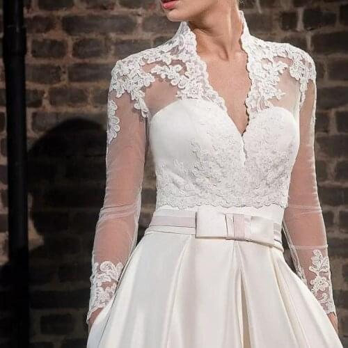 2021 New V-Neck Bridal Long Sleeve Jacket Shawl White Ivory Lace Applique Custom Wedding Accessories Jackets Women bolero femme