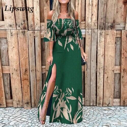 Women Fashion Elastic Button Split Long Dress Summer Leaf Print Flare Sleeve Dress 2021 Autumn Elegant Off Shoulder Party Dress