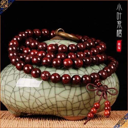 Tibetan Buddhist Ornaments, Products, Small Leaf Red Sandalwood 108 Beads Bracelet, Auspicious Knot
