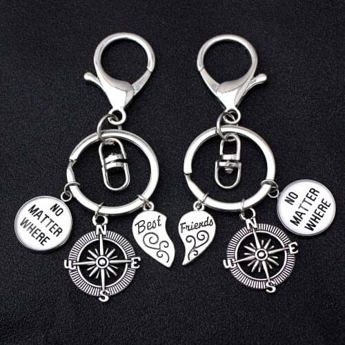 Compass Best Friends Keychains No Matter Where Heart Love Wings Hand KeyChain Keyring Key Chain Women Men Unisex Jewelry Gift