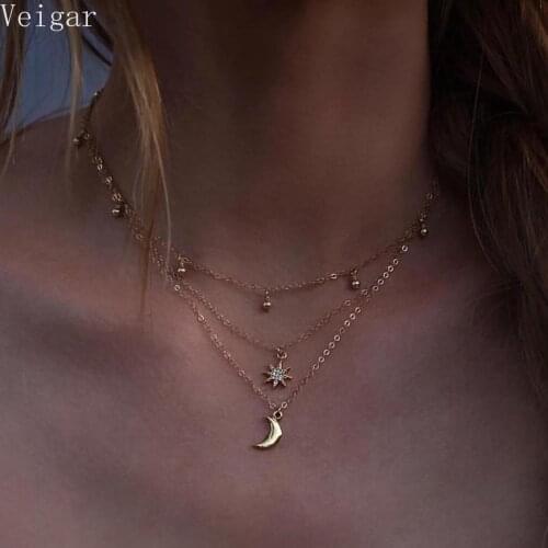 Beads Pendant Choker Gold Color Rhinestone Star Moon Necklaces for Women 2018 Fashion Jewelry Ladies Layered Necklace