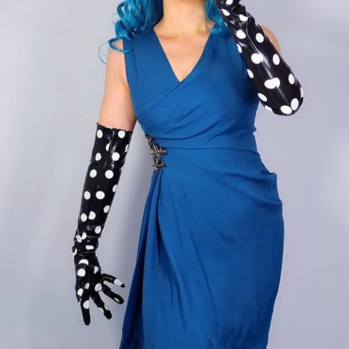 LATEX LONG GLOVES Faux Shine Patent Leather 24" 60cm Large Polka Dot Slim Fit Women Leather Gloves PU268
