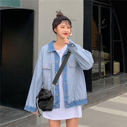 Denim Jacket For Women Baby Blue Color Bomber Jeans Coat Bf Style Loose Outwear Tops OS184