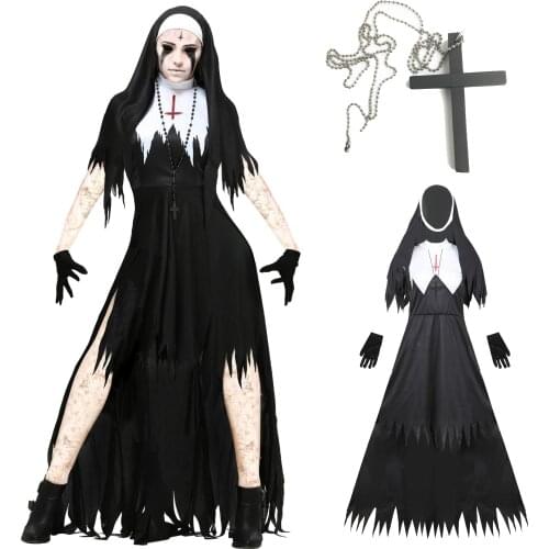 Halloween Nun Cosplay Costume Women Black Vampire Fantasy Dress Terror Sister Party Disguise Female Fancy For Adults