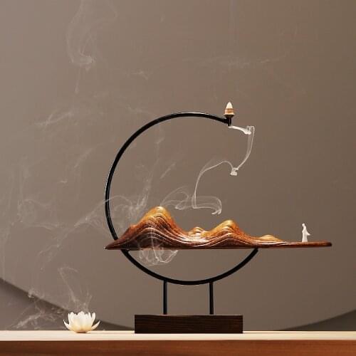 Big Size Backflow Incense Burner with Large Wooden Bottom Zen Ceramic Monk Set Incense Holder with Iron Fram Incense Holder