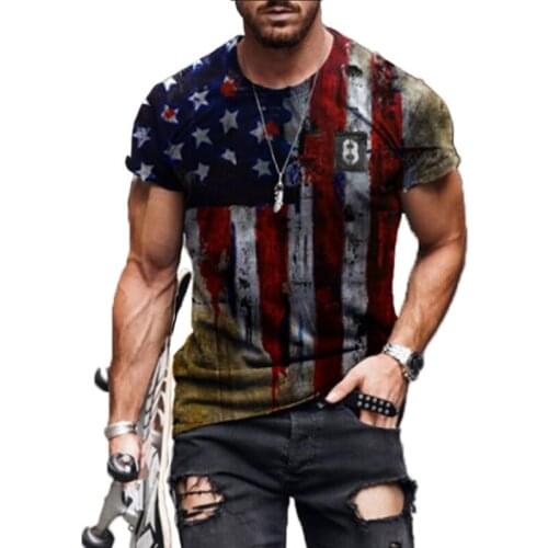 2021 Men Clothing Summer America Flag Retro Casual Short Sleeve T-shirt Fashion Round Neck Stars Print Pullover Loose Tops