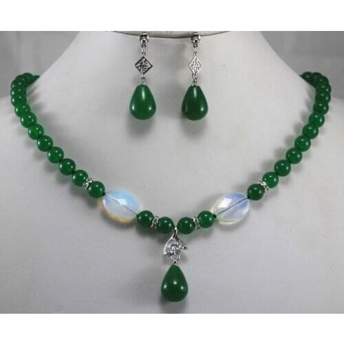 New Design 8mm Green Dangle Jades/Crystal Earring Necklace Pendant Jewelry Set