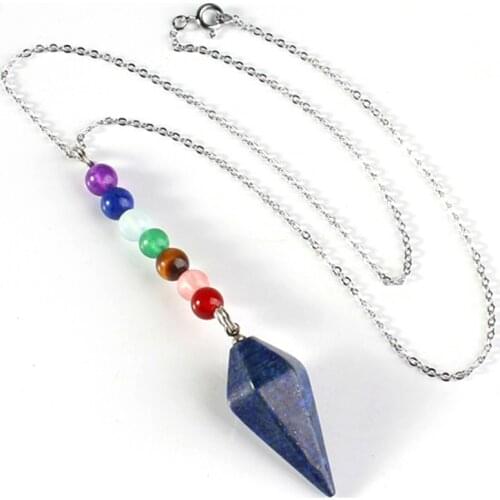 Trendy-beads Silver Plated Lapis Lazuli Hexagon Pyramid 7 Round Beads Chakra Pendant Necklace Fashion Jewelry
