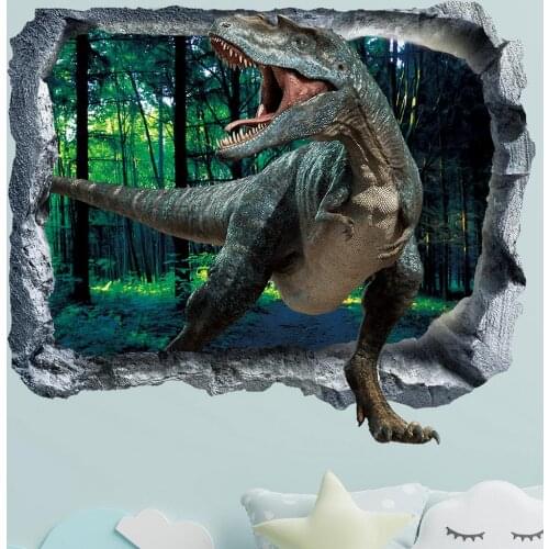 Realistic 3D Dinosaurs Broken Wall Wall Stickers Childrens Room Background Decoration Dinosaur Decal Mural Art Poster