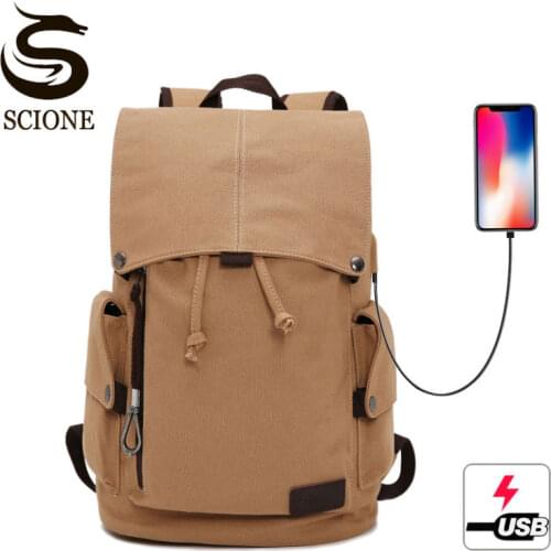 Scione Canvas Laptop Travel Backpack Men USB Charging School Drawstring Shoulder Bags Large Capacity Vintage School Bagpack