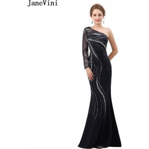 JaneVini Sexy Black Mermaid Mother of The Bride Dresses One Shoulder 2019 Luxury Beading Long Sleeves Dubai Formal Evening Gowns