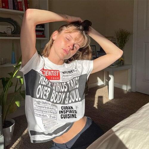 Vintage Letter Print T Shirt Women 2021 Summer Harajuku Casual Short Sleeve Tshirt Tops Femme Casual Loose Streetwear T-shirts