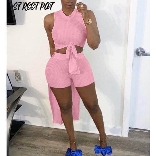 Casual Ribbed Bandage Two Piece Set Women Asymmetrical Sleeveless Crop Top + Shorts Matching Set Bodycon Vacation Outfits
