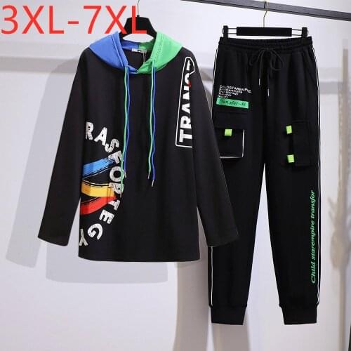 New ladies autumn winter plus size sports sets for women large print black hoodie and long pants training suit 4XL 5XL 6XL 7XL