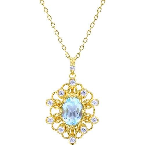 Wind restoring ancient ways royal pendant 925 sterling silver necklaces women hollow lace sky blue topaz fine necklace