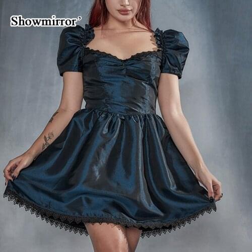 Showmorror Elegant Lace Gothic A-line Dresses Vintage Women Ruched Front Puff Sleeve Mini Dress Summer Fashion Party Clubwear