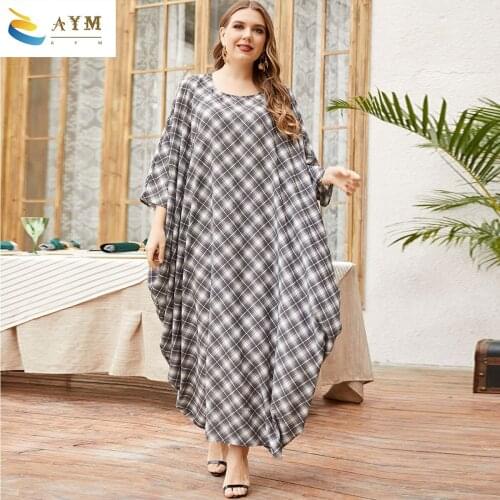 New Large Size Loose Plaid Print Round Neck Bat Sleeve Robe Long Sleeve Ladies Dress Europe America Popular Women Dress