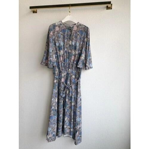 2021 SS new arrive half sleeve print mini dress front pleated Viscose floral women dress