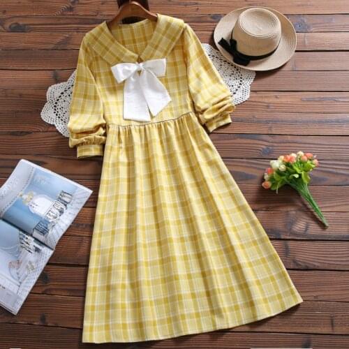 Japan style autuman fashion cute sweet plaid dress new arrival bow long sleeve women vintage vestidos