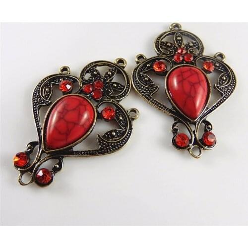 Julie Wang 4PCS Vintage Style Bronze Alloy Plated Red Charm Pendant Jewelry Connector Handmade Jewelry Accessory 46*35*8mm