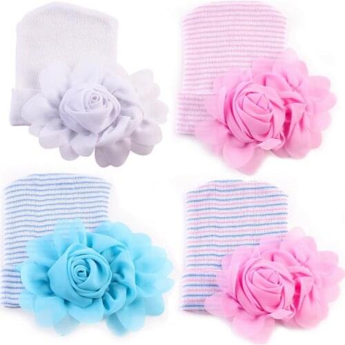 100pcs Crochet Cute Newborn Cap Baby Girl Comfy Bowknot Hospital Cap Striped Hat Toddler 0-6M