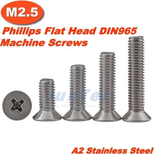 1000pcs/lot DIN965 M2.5(2.5mm) A2 Stainless Steel Phillips Flat Head Machine Screws
