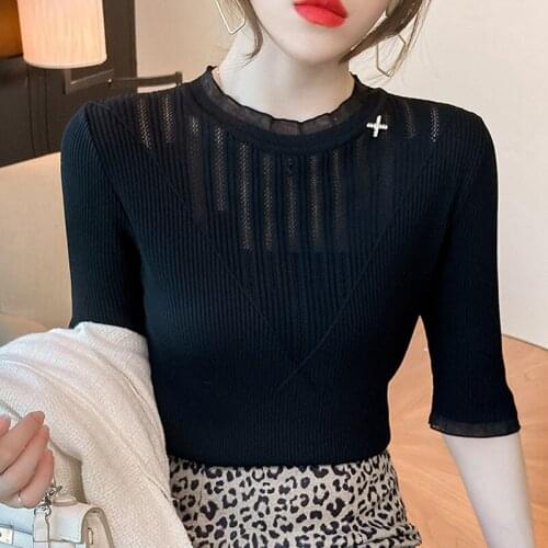 2021 Black Knited Top Blusas Mujer De Moda Verano Elegantes Dropshipping Female Korean Clothing Solid Three Quarter Beading 0159