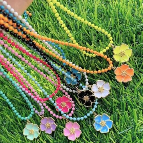 5Pcs Colorful Color Enamel Flower Necklace, Enamel Summer Simple Design Necklace, Bead Ball Chain Jewelry