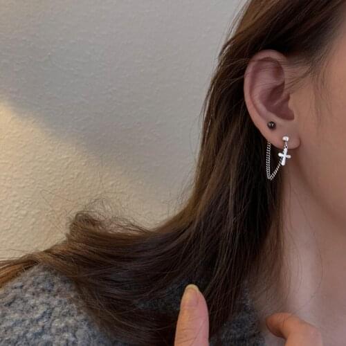 Luckydays Asymmetry Silver Cross Chain Drop Earring Cool Punk Vintage Round Bead Earring For Girl Women Earring Fashion Jewelry