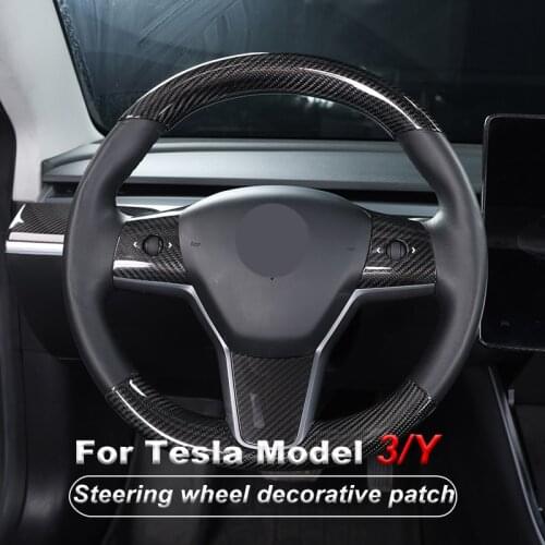 Real Carbon Fiber Car Steering Wheel Decorative Patch For Tesla Model 3 2021 Model Y Steering Wheel Protective Shell Covers