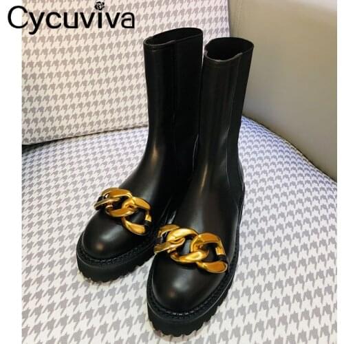 Cycuviva Metal Decorate Platform Boots Women Shoes Slip On Elastic Chunky Heel Shoes Casual British Style Botas For Women Winter