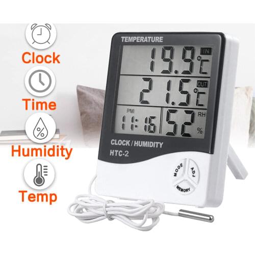 LCD Digital Thermometer Hygrometer Electronic Temperature Humidity Meter Weather Station Clock Indoor Outdoor Room Thermometer
