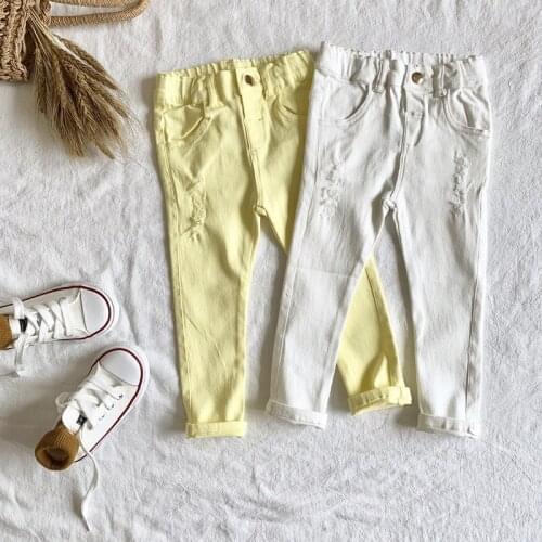 Autumn Spring Baby Girls Ripped Jeans Children Kids Broken Hole Pants White Yellow Color Girls Elastic Waist Denim Legging Pants