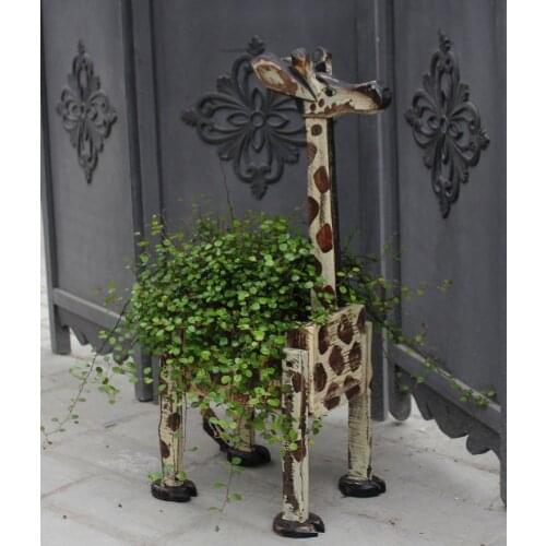 Retro Finishing Giraffe Wooden Flower Pot Handmade Flower Planter