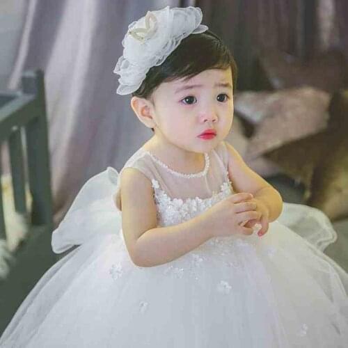 Toddler Girl White Lace Baptism Dress Christmas Costumes Bead Appliques Baby Girl Princess Dresses 1 Year Birthday Party Dresses