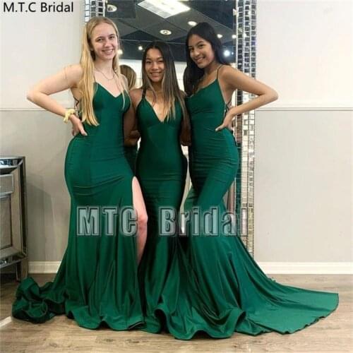 Long Mermaid Green Bridesmaid Dresses With Slit Spaghetti Straps Sexy Maid Of Honor Dress Plus Size Wedding Party Gowns Cheap